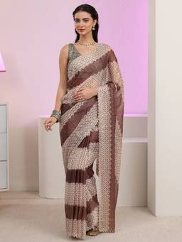 Libas - Brown Geometric Stone Work Embellished Saree And A Blouse Piece