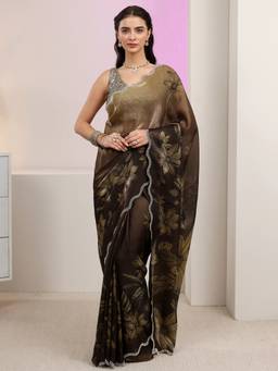 Libas - Olive Floral Printed Saree And A Blouse Piece