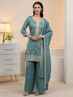 Libas - Blue Floral Kurta with Lining and Solid Palazzo with Dupatta