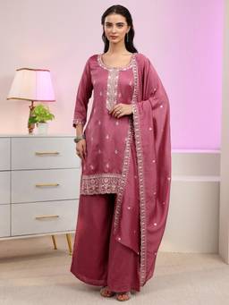 Libas - Pink Floral Kurta with Lining and Solid Palazzo with Dupatta