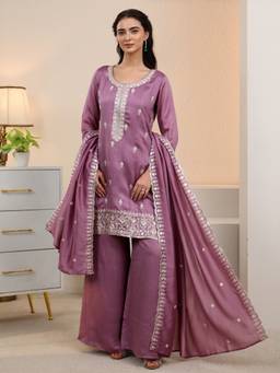 Libas - Mauve Floral Kurta with Lining and Solid Palazzo with Dupatta