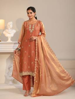 Libas - Rust Straight Kurta and Solid Trouser with Dupatta