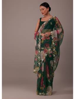 KALKI FASHION - Deep Green Floral Printed Saree In Organza With Cut Dana Butti All Over