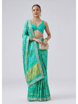 KALKI FASHION - Teal Satin Tie And Dye Bandhani Saree