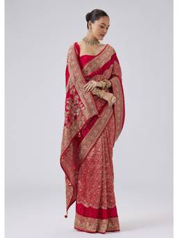 KALKI FASHION - Red Brocade Saree With Zardozi Embroidery