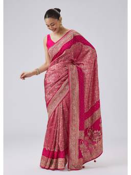 KALKI FASHION - Rani Pink Brocade Saree With Heavy Embroidery