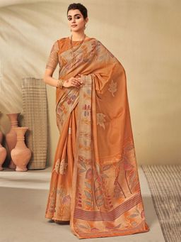 Odette - Womens Tussar Silk Mustard Printed Saree with Unstitched Blouse