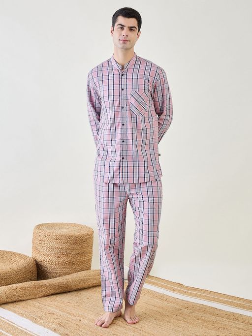 Buy The Kaftan Company Mens Pink Checks Cotton Shirt and Pyjama