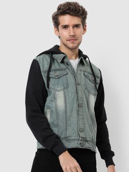 Campus Sutra - Colorblock Sleeve Winter Denim Jacket