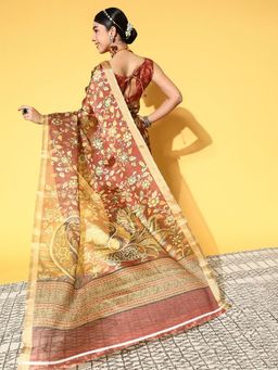 Odette - Cotton Linen Maroon Printed Saree with Unstitched Blouse