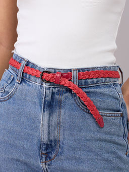 Pipa Bella by Nykaa Fashion - Red Solid Braided Rope Round Buckle Jeans Belt