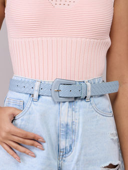 Pipa Bella by Nykaa Fashion - Light Blue Textured Woven Effect Acrylic Buckle Jeans Belt