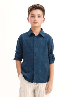 RARE ONES - Kids Teal Viscose Blend Textured Button Closure Regular Fit Shirt