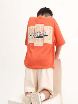 RARE ONES - Kids Mercz Orange Cotton Printed Oversized Fit T-Shirt