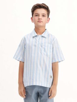 RARE ONES - Kids Timo Blue Cotton Striped Button Closure Regular Fit Polo T-Shirt