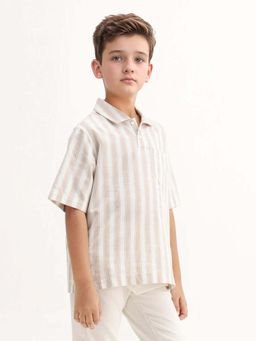 RARE ONES - Kids Timo Brown Cotton Striped Button Closure Regular Fit Polo T-Shirt
