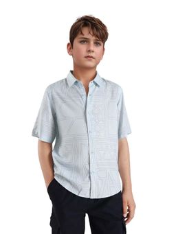 RARE ONES - Kids Maley Blue Viscose Printed Button Closure Regular Fit Shirt