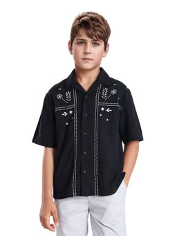 RARE ONES - Kids Foke Black Cotton Embroidered Button Closure Regular Fit Shirt