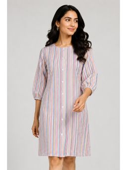 Twenty Dresses by Nykaa Fashion - Puff Sleeves Multi-Color Stripes Cotton Seersucker Dress