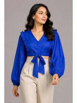 Twenty Dresses by Nykaa Fashion - Tie-Up Front Balloon Sleeves Royal Blue Solid Crop Top