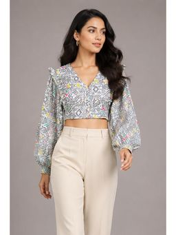 Twenty Dresses by Nykaa Fashion - Tie-Up Front Balloon Sleeves Grey Geometric Print Crop Top