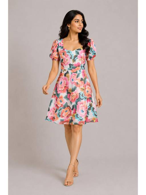 buy knee length dresses online Twenty by Nykaa Fashion Puff Sleeves Floral Fit & Flare Dress (XS) sizechart_iridessa-velvet-dress-size-chart