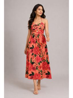 Twenty Dresses by Nykaa Fashion - Cut-Out Peach Botanical Print Halter Neck Long Dress