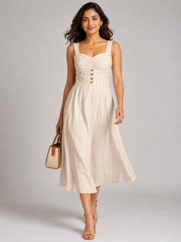 Twenty Dresses by Nykaa Fashion - Ivory Stripes Ruched Midi Dress