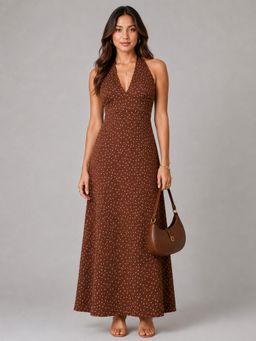 Twenty Dresses by Nykaa Fashion - Brown Polka Dot Halter Neck Maxi Dress