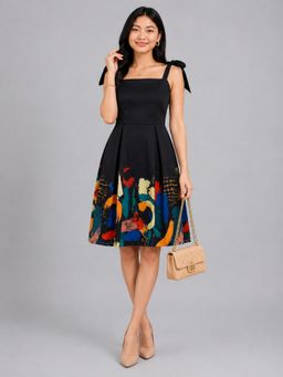 Twenty Dresses by Nykaa Fashion - Black Abstract Print Tie-Strap Fit & Flare Dress