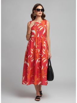 Twenty Dresses by Nykaa Fashion - Vibrant Orange Tropical Print Tiered Midi Dress