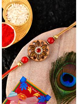 Shoshaa - Wooden Beige and Red Kundan Flower Shaped Bhai Rakhi with Roli Chawal (Set of 2)