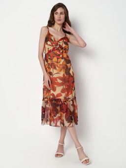 VERO MODA - Brown Autumn Leaves Midi Dress