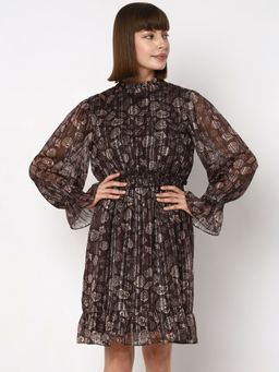 VERO MODA - Brown Printed Lurex Fit And Flare Dress