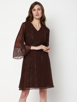 VERO MODA - Dark Brown Lurex Flared Sleeves Dress