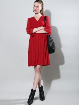 VERO MODA - Red Pleated Fit And Flare Dress