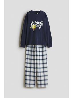 H&M - Boys Navy Blue Print-Motif Cotton Pyjama And Top