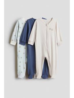 H&M - Boys Multi-Color 3-Pack Cotton Zip-Up Sleepsuits