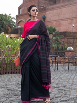 Beatitude - Black Cotton Saree With Unstitched Blouse