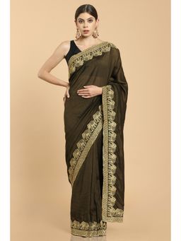 Soch - Women Green Silk Embroidery Saree with Unstitched Blouse