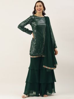 Ethnovog - Ready To Wear Green Georgette Embroidered Layered Gharara Suit (Set of 3)