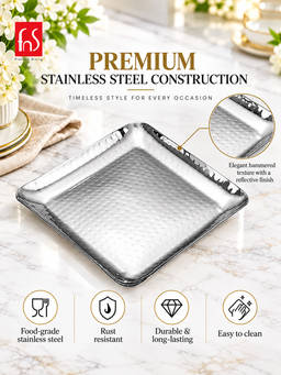 FNS - Stainless Steel Square Hammered Finish Deep Ideal Tray for Parties Holidays & BBQ