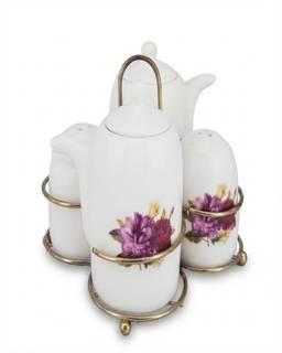 Premsons - 4 Floral Cermaic Oil Vinegar Dispenser,Salt,Peppper Shaker With Metal Stand White