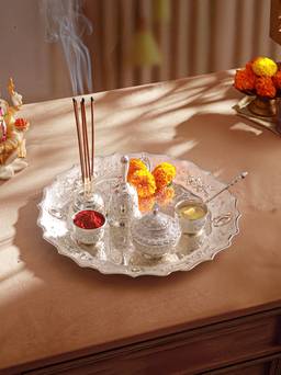 Trovea's - Anantya Peach Enamel German Silver Pooja Thali Set