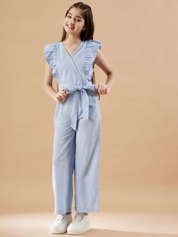 Cherry & Jerry - Girls Blue Self Design Full Length Jumpsuit with Belt (Set of 2)