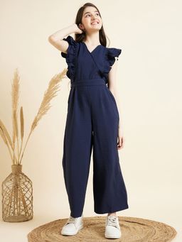 Cherry & Jerry - Girls Navy Blue Solid Full Length Jumpsuit with Belt (Set of 2)