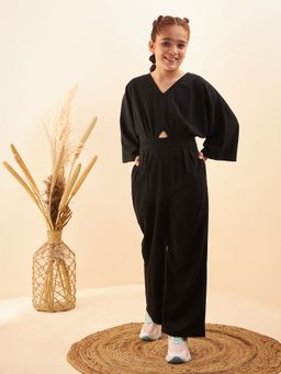 Cherry & Jerry - Girls Black Solid Three Fourth Length Jumpsuit