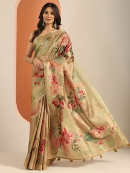 Libas - Gold Floral Printed Saree with Unstitched Blouse
