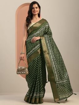 Libas - Green Printed Saree with Unstitched Blouse