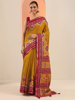 Libas - Mustard Printed Saree with Unstitched Blouse